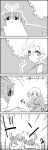  2girls 4koma :d ^_^ antennae arms_up butterfly_wings chasing closed_eyes closed_eyes comic commentary_request detached_sleeves dress emphasis_lines eternity_larva fleeing glint greyscale hair_between_eyes hatchet highres long_hair looking_at_another monochrome multiple_girls open_mouth oriental_hatchet sakata_nemuno shaded_face sharp_teeth short_hair shoujo_kitou-chuu smile sparkle tani_takeshi teeth touhou translation_request tree very_long_hair wings yukkuri_shiteitte_ne 