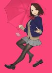  1girl :d black_legwear breasts brown_eyes brown_hair cellphone forehead highres jacket loafers miru_tights open_mouth pantyhose phone pink_background pleated_skirt school_uniform shoes simple_background skirt sleeves_past_wrists smartphone smile solo umbrella yomu_(sgt_epper) 