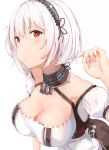  1girl anchor_symbol azur_lane bangs blush breasts choker cleavage closed_mouth commentary_request eyebrows_visible_through_hair hair_between_eyes hairband hand_up head_tilt highres lace-trimmed_hairband large_breasts looking_at_viewer ponyaru puffy_short_sleeves puffy_sleeves red_eyes short_hair short_sleeves sidelocks simple_background sirius_(azur_lane) solo upper_body white_background white_hair 