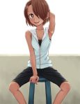  1girl arm_up black_shorts breasts brown_eyes chikage_(tokedase!_mizorechan) cleavage dark_skin easy_(aqk7bdqt) hair_over_one_eye looking_at_viewer short_hair shorts simple_background sitting sleeveless_jacket small_breasts smile solo stool tokedase!_mizorechan 
