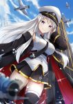  1girl aircraft airplane as4gi azur_lane belt black_coat black_legwear black_neckwear black_skirt blurry breasts clouds cloudy_sky coat collared_shirt day depth_of_field enterprise_(azur_lane) eyebrows_visible_through_hair flight_deck hand_in_hair hat long_hair long_sleeves looking_at_viewer medium_breasts military_hat miniskirt necktie off_shoulder outdoors shirt signature silver_hair skirt sky sleeveless sleeveless_shirt smile solo straight_hair thigh-highs thighs violet_eyes white_headwear white_shirt zettai_ryouiki 