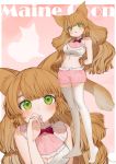  1girl :&lt; animal_ear_fluff animal_ears artist_name bangs bare_arms bare_shoulders blush border bow breasts brown_hair character_request cleavage commentary_request copyright_request crop_top fox fox_ears full_body gotoh510 green_eyes hand_up head_tilt highres large_breasts long_hair looking_at_viewer midriff multiple_views nail_polish navel neck_ribbon no_shoes outside_border parted_lips pink_background pink_shorts red_nails red_neckwear red_ribbon ribbon shirt short_shorts shorts signature silhouette sleeveless sleeveless_shirt standing stomach thigh-highs thighs upper_body white_border white_bow white_legwear white_shirt 