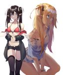  2girls absurdres bangs bare_shoulders bikini black_bra black_hair black_legwear black_panties black_ribbon black_shorts blonde_hair blue_eyes blue_shirt blush bra breasts coat collarbone earrings eyebrows_visible_through_hair fang fang_out fingers_together hair_ribbon highres jewelry long_hair looking_at_viewer medium_breasts multiple_girls off_shoulder one_side_up open_clothes open_coat open_fly original panties red_bikini red_lips ribbon shirt short_shorts shorts sidelocks simple_background sitting skindentation smile strap_slip swimsuit thigh-highs thighs twintails underwear user_yzzn3747 white_background white_ribbon wristband 