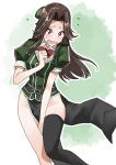  1girl :o between_legs black_legwear blush bow bowtie brown_eyes brown_hair cosplay cowboy_shot embarrassed green_ribbon hair_intakes hair_ribbon half_updo hand_between_legs jintsuu_(kantai_collection) kantai_collection long_hair looking_down masukuza_j puffy_short_sleeves puffy_sleeves ribbon short_sleeves side_slit single_thighhigh solo thigh-highs thighs tone_(kantai_collection) tone_(kantai_collection)_(cosplay) 