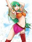  1girl arms_up bad_deviantart_id bad_id breasts cleavage feena_(grandia) grandia green_eyes green_hair hair_ornament hair_tubes jewelry long_hair looking_at_viewer low-tied_long_hair medium_breasts midriff navel necklace open_mouth skirt smile solo standing thigh-highs under_boob wide_sleeves yggdrasill_studio 