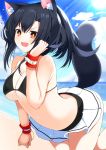  1girl :3 :d animal_ear_fluff animal_ears azur_lane bangs bare_shoulders beach bikini black_hair blue_sky breasts cleavage clouds day eyebrows_visible_through_hair fang hair_between_eyes hand_up hidaka0503 long_hair looking_at_viewer medium_breasts navel ocean open_mouth orange_eyes ponytail shigure_(azur_lane) sky smile solo swimsuit tail tail_raised under_boob v-shaped_eyebrows water wolf_ears wolf_girl wolf_tail 
