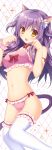  1girl :d animal_ear_fluff animal_ears argyle argyle_background bare_arms bare_shoulders bell black_choker blue_bow blush bow bra breasts cat_ears cat_girl cat_tail choker collarbone fang feet_out_of_frame frilled_bra frilled_panties frills hair_bow hands_up highres jingle_bell long_hair looking_at_viewer medium_breasts navel open_mouth original panties paw_pose pimopi pink_bra pink_panties polka_dot purple_hair red_bow smile solo stomach tail thigh-highs thighs underwear white_legwear yellow_bow yellow_eyes 