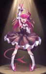 1girl ^_^ ^o^ absurdres arm_up black_skirt blush boots breasts cleavage closed_eyes elizabeth_bathory_(fate) elizabeth_bathory_(fate)_(all) eyebrows_visible_through_hair facing_viewer fate/grand_order fate_(series) full_body high_heel_boots high_heels highres holding holding_microphone horns long_hair microphone open_mouth pink_hair reflector178 skirt small_breasts smile solo tail white_footwear