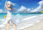  1girl :d absurdres alternate_costume amatsukaze_(kantai_collection) bangs bare_shoulders beach blue_sky blush choker clouds collarbone day dress eyebrows_visible_through_hair flower hair_between_eyes highres holding horizon kantai_collection long_hair looking_at_viewer mountain ocean open_mouth outdoors petals sand scan scenery silver_hair sky smile solo standing strapless takanashi_kei_(hitsujikan) thigh_strap two_side_up water white_dress wristband yellow_eyes yellow_flower 