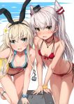  2girls absurdres amatsukaze_(kantai_collection) anchor armlet ball beachball bikini blonde_hair blush bracelet breasts dress flower hair_flower hair_ornament hair_ribbon hair_tubes hat highres jewelry kantai_collection leaning_forward long_hair looking_at_viewer mini_hat multicolored multicolored_bikini multicolored_clothes multiple_girls necklace open_mouth orange_eyes red_bikini ribbon scan shimakaze_(kantai_collection) silver_hair small_breasts swimsuit takanashi_kei_(hitsujikan) tilted_headwear twintails two_side_up yellow_eyes 