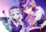  2girls :d arm_around_shoulder bang_dream! blue_bow blue_hair blue_headwear blue_ribbon book bow brooch cane center_frills choker crescent cross-laced_clothes earrings flower fur_collar hair_between_eyes hair_bow hair_flower hair_ornament hair_over_shoulder hair_ribbon hat hat_bow horn_flower horns jewel-topped_staff jewelry long_hair long_sleeves looking_at_viewer low-tied_long_hair matsubara_kanon minori_(faddy) mob_cap monocle multiple_girls open_book open_mouth pink_bow pink_flower pink_neckwear pink_rose purple_flower purple_hair purple_rose red_eyes ribbon rose seta_kaoru sheep_horns smile sparkle_print star star_earrings top_hat upper_body white_choker 