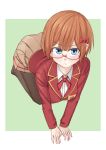  1girl all_fours bangs black_legwear blue_eyes blush bokutachi_wa_benkyou_ga_dekinai bow breasts brown_hair brown_skirt easy_(aqk7bdqt) full_body glasses hair_bow looking_at_viewer medium_breasts ogata_rizu pantyhose red-framed_eyewear red_bow school_uniform short_hair simple_background skirt solo 