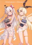  2girls :3 absurdres amatsukaze_(kantai_collection) bikini bikini_skirt blonde_hair blush breasts brown_eyes character_name gluteal_fold hair_between_eyes highres kantai_collection long_hair multiple_girls navel one_eye_closed orange_background orange_bikini pleated_skirt rensouhou-chan rensouhou-kun scan see-through shimakaze_(kantai_collection) silver_hair simple_background skirt small_breasts smile smokestack smokestack_hair_ornament star swimsuit takanashi_kei_(hitsujikan) thigh_strap two_side_up v white_skirt yellow_eyes 