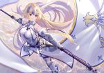 1girl armor armored_dress bangs bare_shoulders blonde_hair blush breasts chains commentary eyebrows_visible_through_hair fate/grand_order fate_(series) feet_out_of_frame from_above gauntlets headpiece highres jeanne_d&#039;arc_(fate) jeanne_d&#039;arc_(fate)_(all) large_breasts long_hair open_mouth sheath sheathed solo standard_bearer standing takubon_(xewh4773) very_long_hair violet_eyes wind 