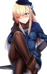  1girl ;) bangs blonde_hair blue_coat blue_eyes blush breasts brown_gloves brown_scarf capelet closed_mouth eyebrows_visible_through_hair fate/grand_order fate_(series) flower foot_up gloves hair_between_eyes hair_flower hair_ornament hand_on_hip hat highres legs_crossed long_hair long_sleeves looking_at_viewer one_eye_closed pantyhose reines_el-melloi_archisorte rose scarf sidelocks silly_(marinkomoe) simple_background sitting smile solo sweat tilted_headwear tsurime white_background 