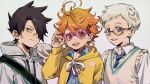  1girl 2boys ahoge barrette black_eyes black_hair blue_eyes buttons emma_(yakusoku_no_neverland) glasses green_eyes grey_background hair_ornament hair_over_one_eye hairpin happy heart jacket ke02152 long_sleeves looking_at_viewer multiple_boys neck_tattoo necktie norman_(yakusoku_no_neverland) number_tattoo open_mouth orange_hair pullover ray_(yakusoku_no_neverland) shirt short_hair simple_background sketch smile sunglasses tattoo teeth tongue vest white_hair white_shirt yakusoku_no_neverland 