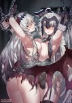  2girls armpits arms_up ass bare_shoulders bat_wings blush bound bound_arms breast_press breasts chains cygames dark_jeanne elbow_gloves fate/apocrypha fate/grand_order fate/stay_night fate_(series) gloves granblue_fantasy grimace headpiece jeanne_d&#039;arc_(alter)_(fate) jeanne_d&#039;arc_(fate)_(all) jeanne_d&#039;arc_(granblue_fantasy) long_hair looking_back multiple_girls name_connection namesake nanaya_(daaijianglin) patreon_logo silver_hair symmetrical_docking thigh-highs type-moon wings yellow_eyes 