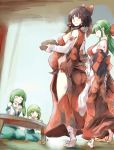 6+girls bare_shoulders black_hair blush breasts closed_eyes green_hair hair_ornament hair_ribbon hakurei_reimu highres hime_cut holding kochiya_sanae large_breasts long_hair mother_and_daughter multiple_girls pregnant red_eyes ribbon short_hair smile table touhou wife_and_wife yohane 