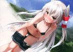  1girl absurdres amatsukaze_(kantai_collection) bent_over bikini black_bikini blue_sky blush breasts brown_eyes day denim denim_shorts dutch_angle embarrassed eyebrows_visible_through_hair front-tie_bikini front-tie_top grey_hair hair_tubes highres kantai_collection long_hair looking_at_viewer navel open_fly open_mouth outdoors pants_pull scan short_shorts shorts side-tie_bikini sky small_breasts solo string_bikini sweatdrop swimsuit takanashi_kei_(hitsujikan) two_side_up undressing very_long_hair wavy_mouth 