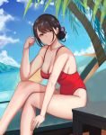  1girl arm_support bangs bare_arms bare_shoulders beach black_hair blue_eyes blue_sky blush breasts cleavage clouds collarbone day eyebrows_visible_through_hair gg-e hair_ribbon hair_up hand_up head_tilt highres large_breasts leaning_forward legs_crossed long_hair looking_at_viewer mole mole_on_breast ocean one_eye_closed original outdoors palm_tree parted_lips red_ribbon red_swimsuit ribbon short_hair sidelocks sitting sky solo swimsuit thighs tree 