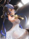  1girl armpits ass azur_lane bangs bare_shoulders blue_hair bob_cut boots breasts choker covered_nipples cross cross_(weapon) dress fleur_de_lis floating_headgear gascogne_(azur_lane) gauntlets hair_between_eyes headgear highres hip_focus knee_boots looking_at_viewer multicolored_hair see-through short_hair skyde_kei solo strapless strapless_dress sweat weapon white_dress yellow_eyes 