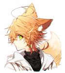  1girl animal_ears artist_name braid closed_mouth emma_(yakusoku_no_neverland) eyebrows_visible_through_hair eyelashes green_eyes hair_ribbon looking_at_viewer neck_tattoo one_eye_covered orange_hair orange_tail pullover ribbon short_hair simple_background tail tattoo white_background white_skin yakusoku_no_neverland 