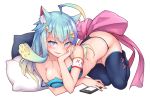  1girl ahoge animal_ear_fluff animal_ears bangs bare_arms bare_shoulders black_legwear black_panties blue_bra blue_eyes blue_hair bow bra breasts cat_ears cellphone character_request cleavage commentary_request copyright_request eyebrows_visible_through_hair hair_ornament large_bow large_breasts long_hair looking_at_viewer panties phone pillow pink_bow simple_background smartphone solo star star_hair_ornament thigh-highs underwear waero white_background 
