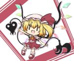  1girl ascot blonde_hair chibi commentary_request eyebrows_visible_through_hair fang flandre_scarlet goma_(gomasamune) hat hat_ribbon highres long_hair mob_cap open_mouth puffy_short_sleeves puffy_sleeves ribbon shoes short_sleeves side_ponytail skirt smile solo touhou wings 