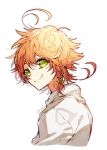  1girl ahoge artist_name bride closed_mouth emma_(yakusoku_no_neverland) green_eyes hair_ribbon looking_at_viewer neck_tattoo number_tattoo orange_hair ribbon sapphire_4825 shirt short_hair simple_background smile solo tattoo white_background white_shirt yakusoku_no_neverland 