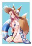  1girl animal_ear_fluff animal_ears bikini bikini_under_clothes blue_background blue_bikini blush breasts cleavage commentary commentary_request ears_through_headwear fate/grand_order fate_(series) fox_ears fox_girl fox_tail hat innertube kemololi looking_at_viewer parasol pink_hair see-through shirt side-tie_bikini simple_background sitting solo straw_hat swimsuit tail tamamo_(fate)_(all) tamamo_no_mae_(swimsuit_lancer)_(fate) towel umbrella wariza wet wet_clothes wet_shirt wet_t-shirt white_shirt yellow_eyes 