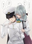  1boy 1girl admiral_(kantai_collection) ahoge bangs black_hair blush braid chair gloves grey_hair hair_over_one_eye hair_ribbon hamanami_(kantai_collection) hat hidden_eyes highres holding holding_paper kantai_collection kuuru_(kuuru-n) long_hair long_sleeves military military_hat military_uniform open_mouth paper ribbon school_uniform short_hair simple_background single_braid translation_request uniform white_background white_gloves 