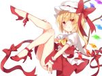  1girl ascot ass bangs blonde_hair bow commentary_request crystal eyebrows_visible_through_hair fang fang_out flandre_scarlet full_body hat hat_bow high_heels legs_up long_hair looking_at_viewer miniskirt mob_cap nail_polish one_side_up paragasu_(parags112) puffy_short_sleeves puffy_sleeves red_bow red_eyes red_footwear red_nails red_ribbon red_skirt red_vest ribbon shirt short_sleeves simple_background sitting skirt skirt_set smile solo thighs touhou vest white_background white_headwear white_shirt wings wrist_cuffs yellow_neckwear 