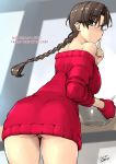  ass breasts brown_eyes brown_hair from_behind glasses gloves large_breasts leaning long_hair looking_back original sheen sweater tagme to_heart tsuina twin_braids 