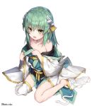  1girl alternate_breast_size bangs bare_legs crossed_bangs eyebrows_visible_through_hair fate/grand_order fate_(series) flat_chest green_eyes green_hair hair_between_eyes highres holding_clothes katoroku kiyohime_(fate/grand_order) long_hair looking_at_viewer open_mouth simple_background single_thighhigh solo thigh-highs twitter_username white_background 