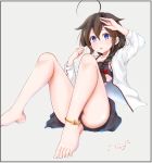  1girl :o ahoge anklet arm_up baileys_(tranquillity650) bangs bare_legs barefoot black_bra black_skirt blue_eyes blush bow bra braid breasts brown_hair casual eyebrows_visible_through_hair gold grey_background hair_between_eyes hair_bow hair_flaps hair_ornament hair_over_shoulder highres jewelry kantai_collection long_hair long_sleeves looking_at_viewer open_clothes open_shirt reclining red_bow remodel_(kantai_collection) shigure_(kantai_collection) shirt sidelocks signature simple_background single_braid sitting skirt solo underwear white_shirt 