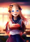  1girl abigail_williams_(fate/grand_order) bangs black_bow blonde_hair blue_eyes blue_skirt blurry blurry_background blush bow commentary_request cowboy_shot fate/grand_order fate_(series) gift hair_bow highres kuro_yanagi long_hair looking_at_viewer open_mouth orange_bow parted_bangs polka_dot polka_dot_bow school_uniform shirt skirt sleeves_past_fingers sleeves_past_wrists solo very_long_hair white_shirt 