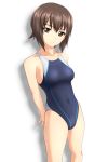  1girl absurdres against_wall bangs black_swimsuit brown_eyes brown_hair collarbone commentary_request competition_swimsuit covered_navel cowboy_shot disconnected_mouth girls_und_panzer highres light_smile looking_at_viewer nishizumi_maho one-piece_swimsuit short_hair simple_background solo standing swimsuit takafumi white_background 