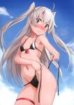  1girl absurdres ahoge amatsukaze_(kantai_collection) bikini black_bikini blue_sky blush breasts closed_mouth contrapposto cowboy_shot day embarrassed from_below front-tie_bikini front-tie_top highres kantai_collection lens_flare looking_at_viewer navel outdoors scan side-tie_bikini silver_hair sky small_breasts solo sweat swimsuit takanashi_kei_(hitsujikan) teardrop thigh_strap two_side_up tying untied untied_bikini wavy_mouth yellow_eyes 