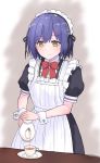  1girl apron highres karu_(kashimiru8143) maid maid_apron maid_dress maid_headdress nijisanji pouring red_ribbon ribbon shizuka_rin short_hair tea teapot yellow_eyes 