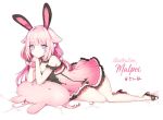  1girl animal_ears artist_name bare_arms bare_legs cat_ears chin_rest commission creature dress elsword eve_(elsword) expressionless full_body long_hair looking_at_viewer lying mal_poi on_side pink_dress pink_hair rabbit_ears sandals short_dress simple_background solo twintails violet_eyes white_background 