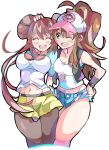  2girls baseball_cap blue_eyes blush breasts brown_hair closed_eyes creatures_(company) double_bun enpe game_freak hair_bun hand_on_another&#039;s_head happy hat highres looking_at_viewer low_twintails mei_(pokemon) multiple_girls navel nintendo one_eye_closed pantyhose pokemon pokemon_(game) pokemon_bw pokemon_bw2 ponytail shirt short_shorts shorts skirt smile touko_(pokemon) twintails vest 