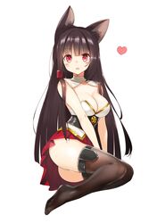  1girl akagi_(azur_lane) animal_ears azur_lane black_hair black_legwear blush breasts cleavage detached_collar enjo-sen eyebrows_visible_through_hair full_body heart highres japanese_clothes kimono legs_together long_hair looking_at_viewer medium_breasts miniskirt obi open_mouth panties panty_peek pleated_skirt red_eyes red_skirt sakuramon sash short_kimono simple_background skirt sleeveless solo straight_hair thigh-highs thighs underwear white_background white_panties zettai_ryouiki 