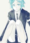  1other androgynous aqua_eyes aqua_hair blue_eyes blue_hair colored_eyelashes crystal_hair elbow_gloves gem_uniform_(houseki_no_kuni) gloves houseki_no_kuni looking_at_viewer necktie phosphophyllite short_hair sitting smile solo white_eyes 