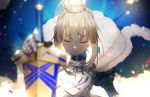  1girl ahoge armor armored_dress artoria_pendragon_(all) bangs blonde_hair blue_cape blue_dress blurry braid cape closed_eyes closed_mouth crown depth_of_field dress excalibur facing_viewer fate/grand_order fate_(series) french_braid fur-trimmed_cape fur_trim gauntlets highres holding holding_sword holding_weapon light light_particles long_sleeves no-kan saber sidelocks solo sword turtleneck_dress v-shaped_eyebrows weapon 