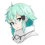  1girl 884sowozi blue_eyes blue_hair eyebrows_visible_through_hair hair_between_eyes hair_ornament hairclip highres looking_at_viewer parted_lips portrait shiny shiny_hair short_hair sidelocks simple_background sinon smile solo sword_art_online white_background 
