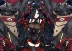  1girl azur_lane baton_(instrument) black_dress black_hair black_legwear breasts cleavage covered_navel cowboy_shot dress floating_hair friedrich_der_grosse_(azur_lane) gauntlets gloves hair_over_one_eye highres horn_ornament horns large_breasts long_hair looking_at_viewer mecha mutou_(94753939) red_gloves rigging short_dress smile solo straight_hair taut_clothes thigh-highs thighs turret yellow_eyes zettai_ryouiki 