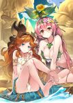  2girls armlet bandeau bare_legs barefoot bikini blue_eyes breasts brown_eyes cleavage closed_mouth eyebrows_visible_through_hair feet flower front-tie_bikini front-tie_top granblue_fantasy hair_between_eyes hair_flower hair_ornament hairband heart heart-shaped_pupils highres jewelry kneeling large_breasts leaning_forward long_hair multiple_girls navel necklace non-web_source orange_hair outdoors page_number pink_hair plant_girl pointy_ears sara_(granblue_fantasy) sitting small_breasts smile soles super_zombie swimsuit symbol-shaped_pupils toes water yggdrasil_(granblue_fantasy) 