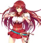  1girl alternate_costume alternate_hair_length alternate_hairstyle armpits belt breastplate cowboy_shot elbow_gloves fire_emblem fire_emblem:_mystery_of_the_emblem fire_emblem:_shin_ankoku_ryuu_to_hikari_no_tsurugi fire_emblem_heroes floating_hair gloves hand_in_hair hand_on_hilt headband highres intelligent_systems long_hair looking_at_viewer minerva_(fire_emblem) miniskirt nintendo pegasus_knight pink_gloves pleated_skirt red_eyes red_skirt redhead shirt shoulder_armor simple_background skirt sleeveless smile solo sword thighs uro_(oolong) vambraces weapon white_background 