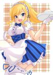  1girl :d apron bangs blonde_hair blue_eyes blue_neckwear blue_ribbon blue_skirt bow bowtie corset cup dress_shirt eyebrows_visible_through_hair floating_hair frilled_legwear from_side gloves highres holding holding_plate idolmaster idolmaster_cinderella_girls idolmaster_cinderella_girls_starlight_stage layered_skirt long_hair looking_at_viewer maid_headdress miniskirt namidako ootsuki_yui open_mouth plaid plaid_background plate ribbon ribbon-trimmed_legwear ribbon_trim shiny shiny_hair shirt short_sleeves skirt smile solo standing striped striped_bow striped_neckwear swept_bangs teacup thigh-highs vertical-striped_skirt vertical_stripes very_long_hair waist_apron white_apron white_background white_gloves white_legwear white_shirt 