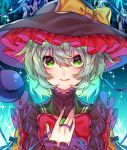  1girl adapted_costume bangs black_bow black_headwear bow commentary_request eyeball eyebrows_visible_through_hair frilled_shirt_collar frilled_sleeves frills green_eyes green_hair green_nails hand_on_own_chest hat hat_bow highres koishi_day komeiji_koishi lipstick long_sleeves looking_at_viewer makeup nail_polish renka_(sutegoma25) shirt short_hair smile solo sparkle string third_eye touhou turtleneck upper_body wavy_hair wide_sleeves yellow_bow yellow_shirt 
